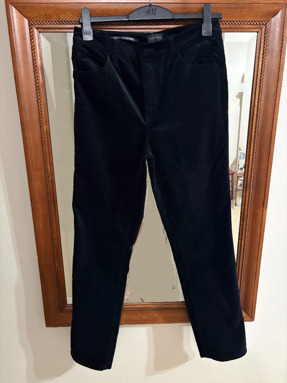 Classic Talbots black velvet pants with a polished straight-leg silhoutte